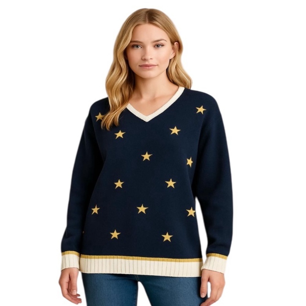 Elisabeth Vintage Navy & Gold Nautical Stars Stripes Cotton Oversized Sweater 2X